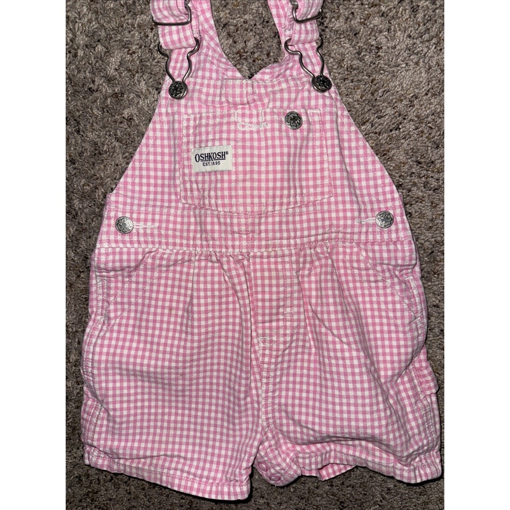 Vintage Oshkosh B'Gosh Girls Pink White Gingham Shortalls Romper 12 Months